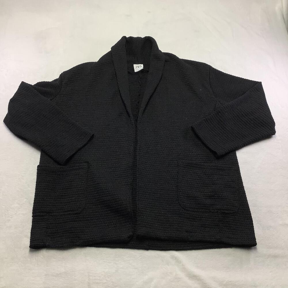 Zara Cardigan Sweater Womens Large Black Shawl Collar Open Pockets 3/4 Sleeve